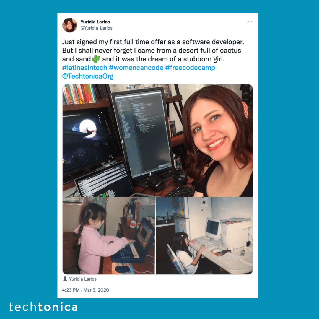 Tweet sharing joy about their first offer as a software dev, with gratitude to Techtonica, from cactus desert to dream job.
