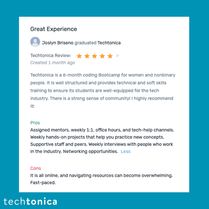 CareerKarma review highlights the program offering technical skills, mentorship, and community for women and non-binary folks.