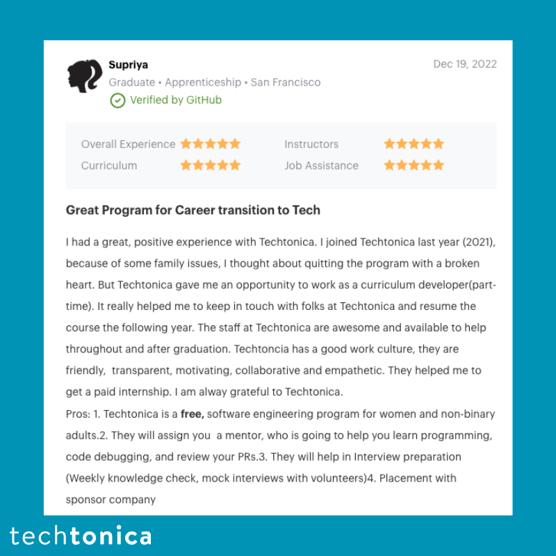 Supriya’s 5-star review praises Techtonica's staff, mentors, and career transition help. Very grateful for an internship.