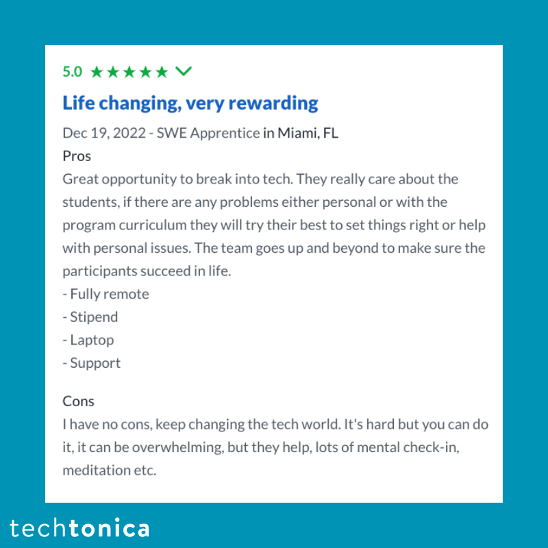5-star Glassdoor review on Techtonica's life-changing remote learning, stipend, laptop, and strong support for students.