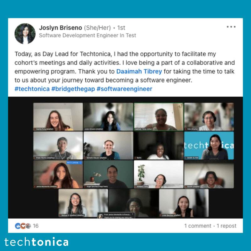 LinkedIn post by Joslyn Briseno about running meetings as Day Lead at Techtonica and is grateful for a collaborative program.