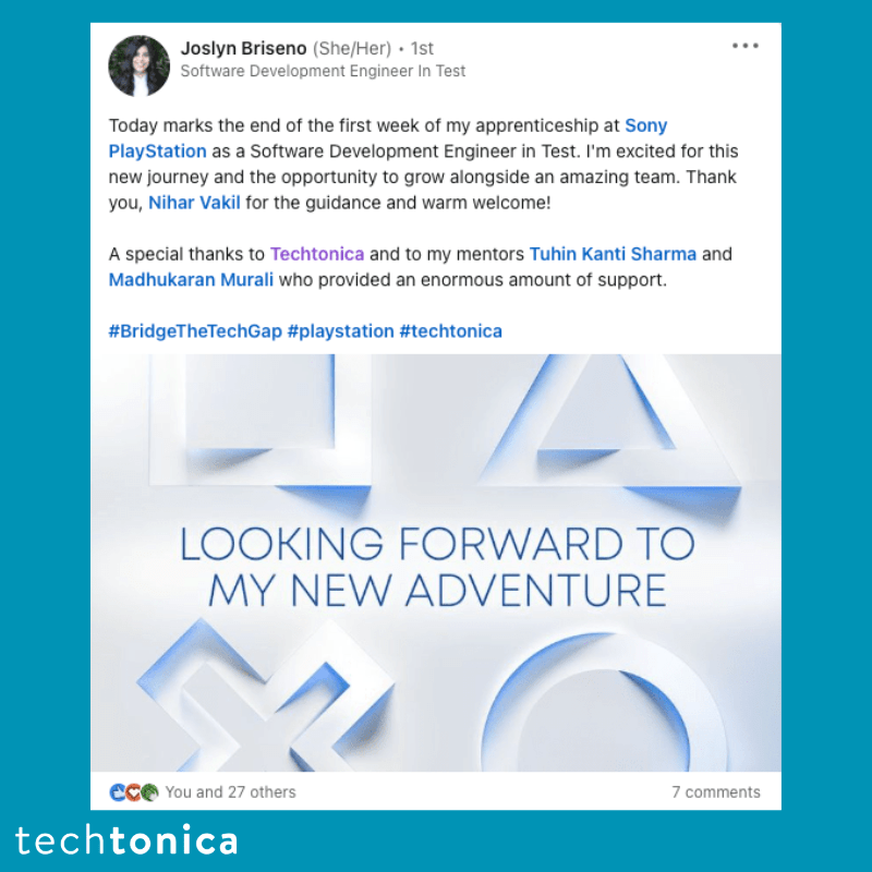 Post from Joslyn Briseno thanking Techtonica and mentors and starting as a Software Development Engineer at Sony PlayStation.