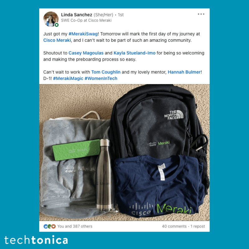 Linda Sanchez's LinkedIn post about her first day at Cisco Meraki, expressing gratitude for the warm welcome and support.