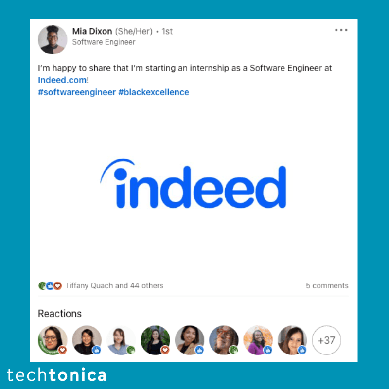 LinkedIn post by Mia Dixon about starting a software engineering internship at Indeed, thanks to Techtonica.