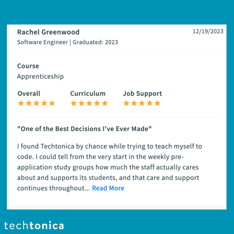 5-star rating by Rachel Greenwood praising Techtonica as life-changing. Supportive staff made learning to code possible.
